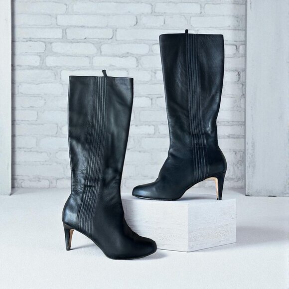 COLE HAAN Black Leather Heeled Zip Boots Sz 8 - Picture 1 of 8